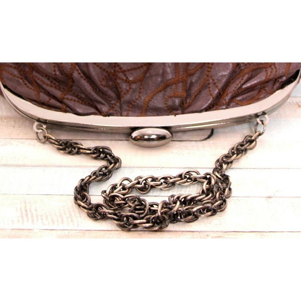 INGE PATCHWORK BROWN GENUINE LEATHER FRAME CHAIN HANDBAG SHOULDER BAG CLUTCH - Picture 7 of 10